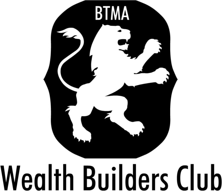 earth builders club logo white lion on black background with "BTMA" on the top