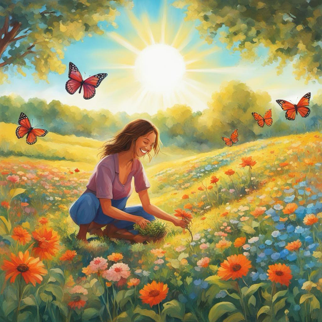 a sunlit field, vibrant colors, a smiling person planting flowers, butterflies, clear blue sky