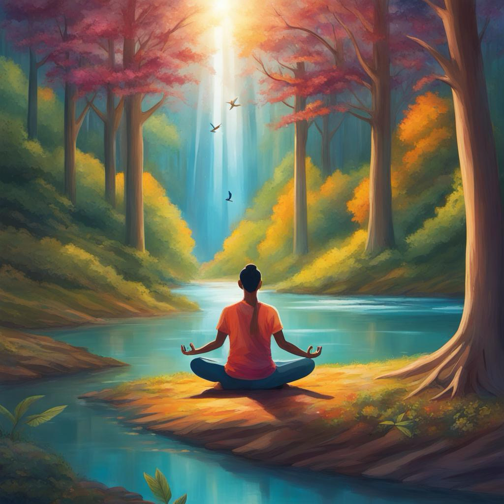 a painting of a person meditating next to a peaceful stream of water flowing through large trees.