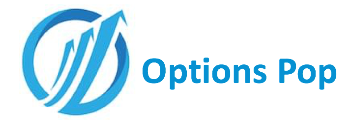 Option pop logo with a white background and a blue circle with 3 blue arrows inside the circle and the words "Options Pop" written in blue next to the blue circle