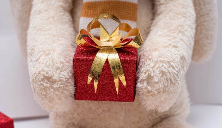 a picture of a teddy bear holding a gift wrapped in red with a golden bow on the gift